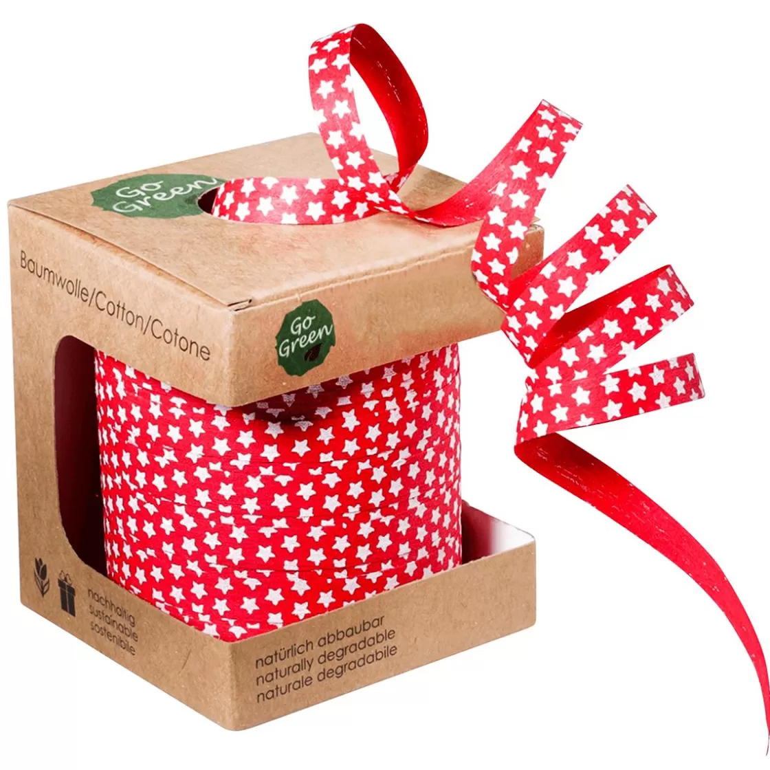 Cintas De Regalo | Go Green - Envoltorio Para Regalo Ecológico>DecoWoerner Cinta Ecológica De Rayas Con Estampado De Estrellas 10 Mm 100 M rojo