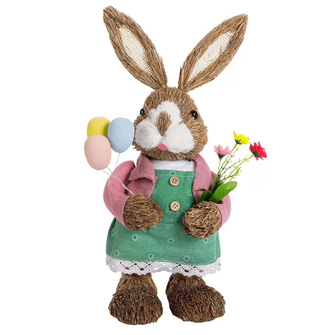 Decoración De Pascua>DecoWoerner Conejito De Pascua De Sisal Vestido Con Huevos De Pascua Y Flores Artificiales 17 X 14 X 37 Cm marrón