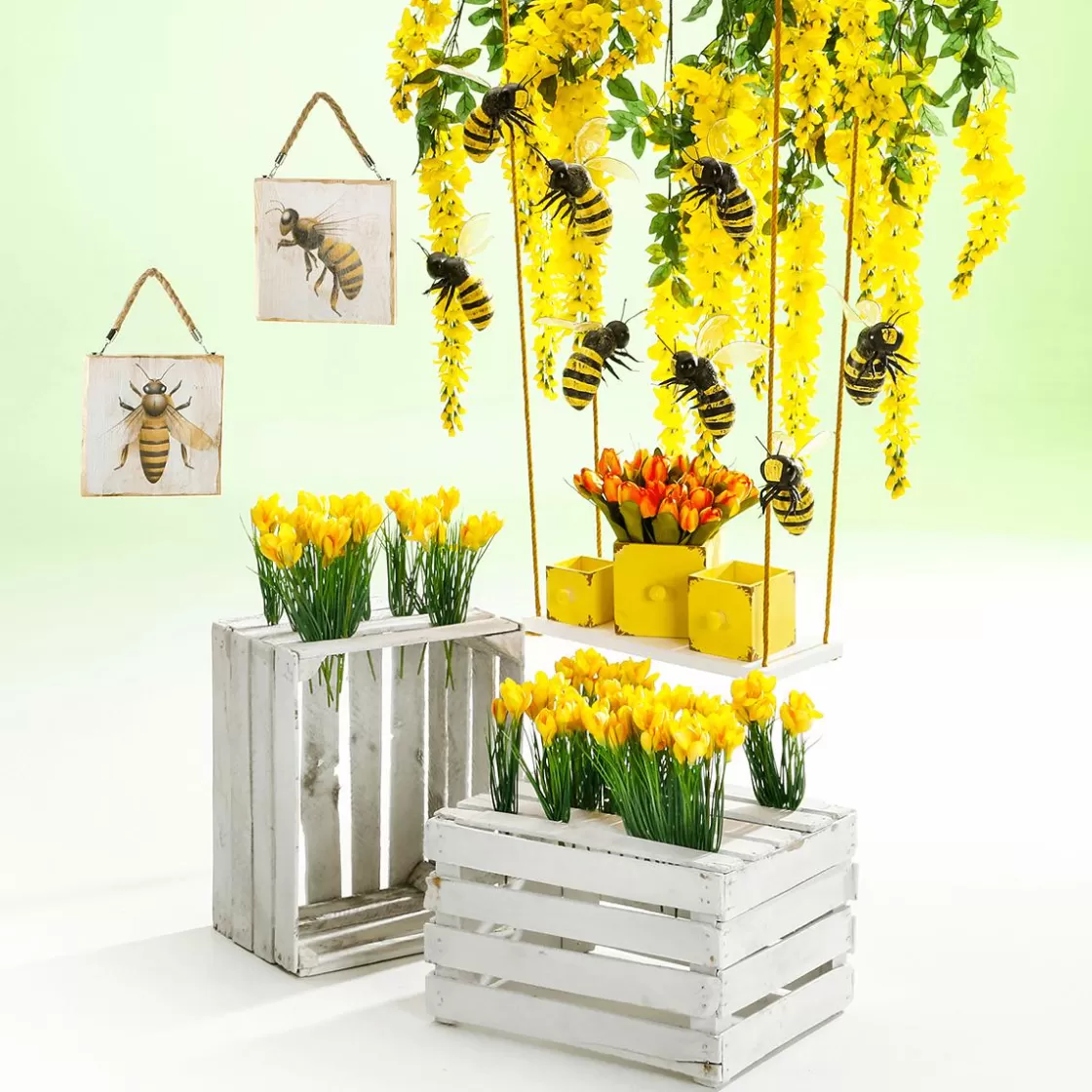 Decoración De Verano | Decoración De Primavera>DecoWoerner Cuadros Murales De Madera Letreros De Madera Con Motivo De Abeja 2 Piezas 19 X 19 X 1,7 Cm amarillo