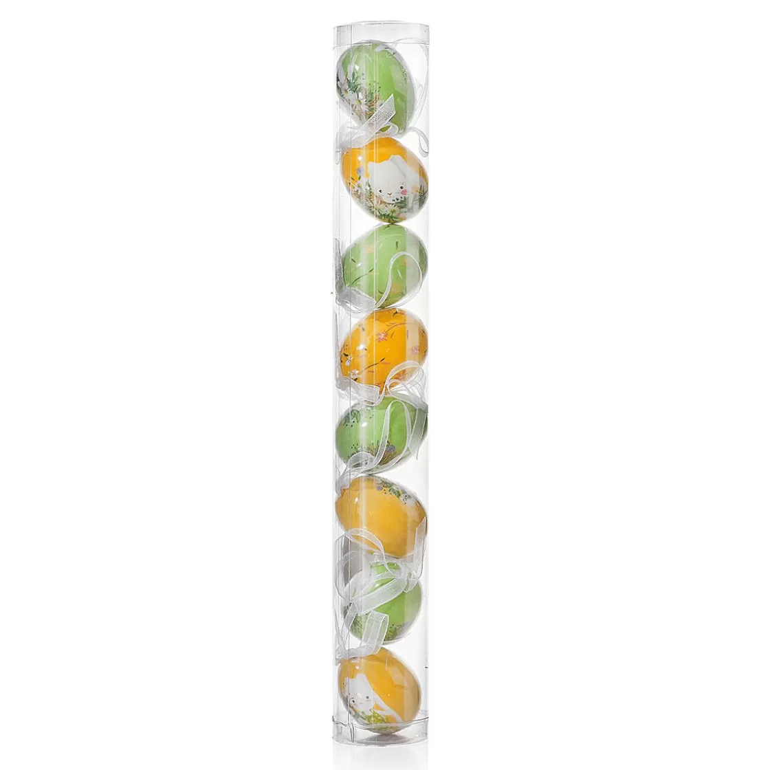Decoración De Pascua>DecoWoerner Juego De Huevos De Pascua De Espuma Para Colgar, Amarillo Con Dibujo De Conejo Y Lazo 8pcs. multicolor