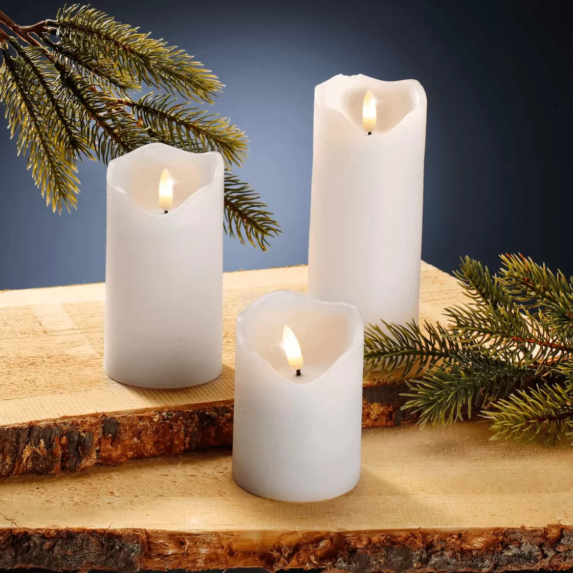 Luz Decorativa>DecoWoerner Juego De Velas De Cera LED 3 Piezas 7,5 Cm Ø, 15/12,5/10 Cm De Altura blanco