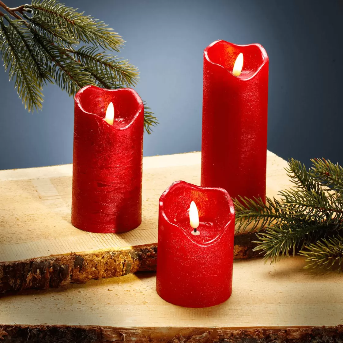 Luz Decorativa>DecoWoerner Juego De Velas De Cera LED 3 Piezas 7,5 Cm Ø, 15/12,5/10 Cm De Altura rojo