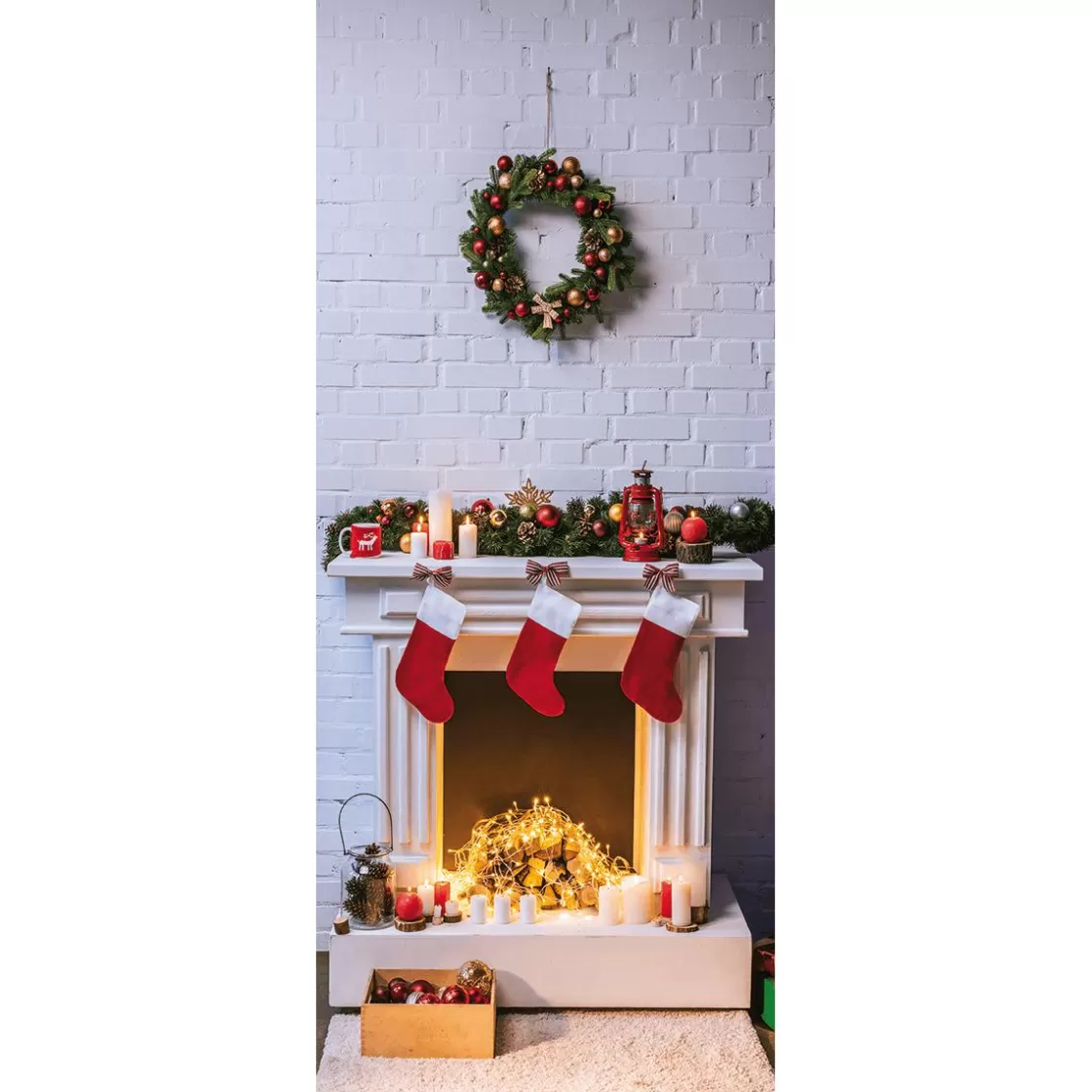 Pancartas De Navidad E Invierno | Bandera De Navidad>DecoWoerner Pancarta De Tela Ignífuga "Chimenea Y Corona De Navidad" De Tela De Bandera 75 X 180 Cm blanco