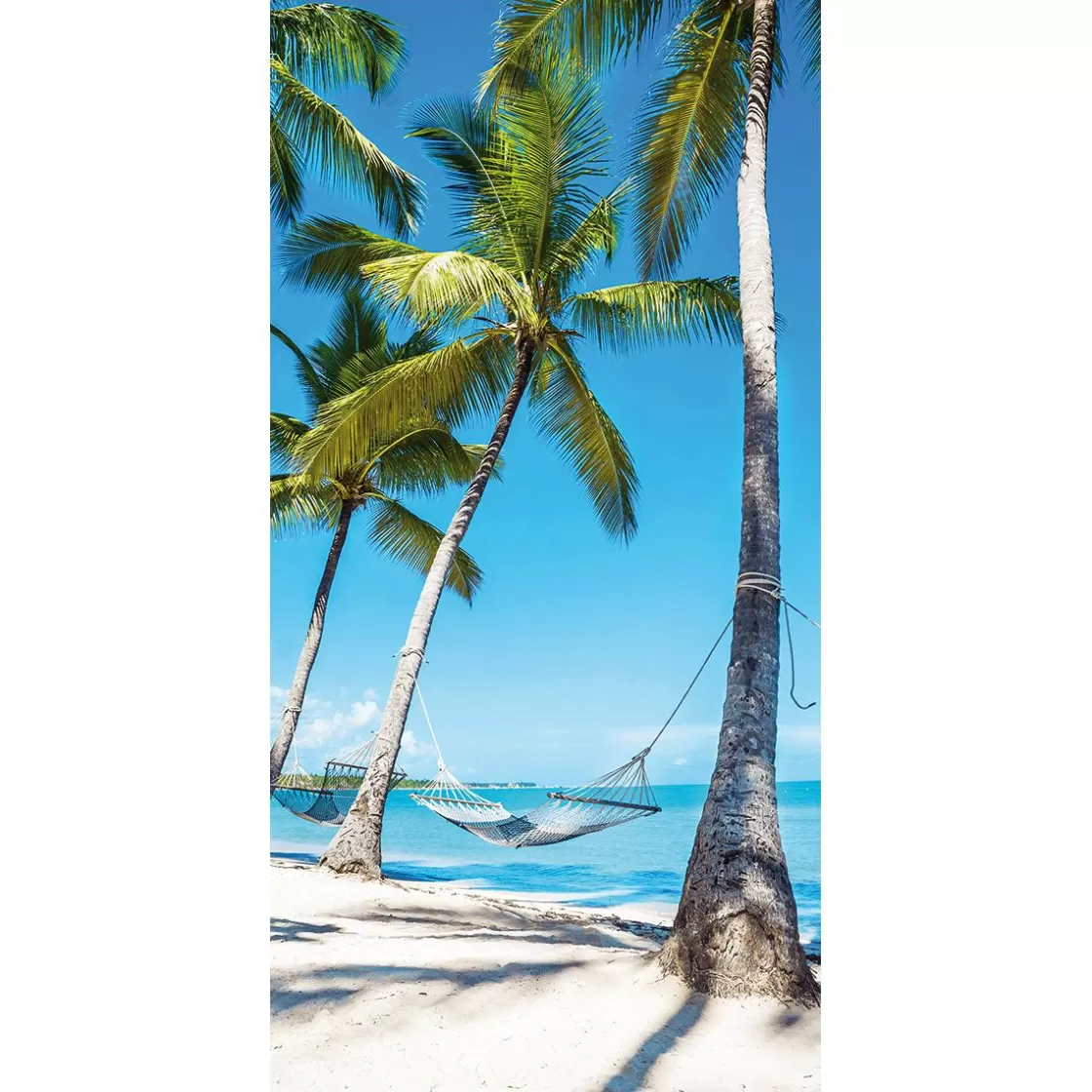 Decoración De Verano | Pancartas De Verano>DecoWoerner Pancarta De Tela Ignífuga "Hamaca Bajo Las Palmeras En Una Playa De Ensueño" De Tela De Bandera 100 X 200 Cm azul