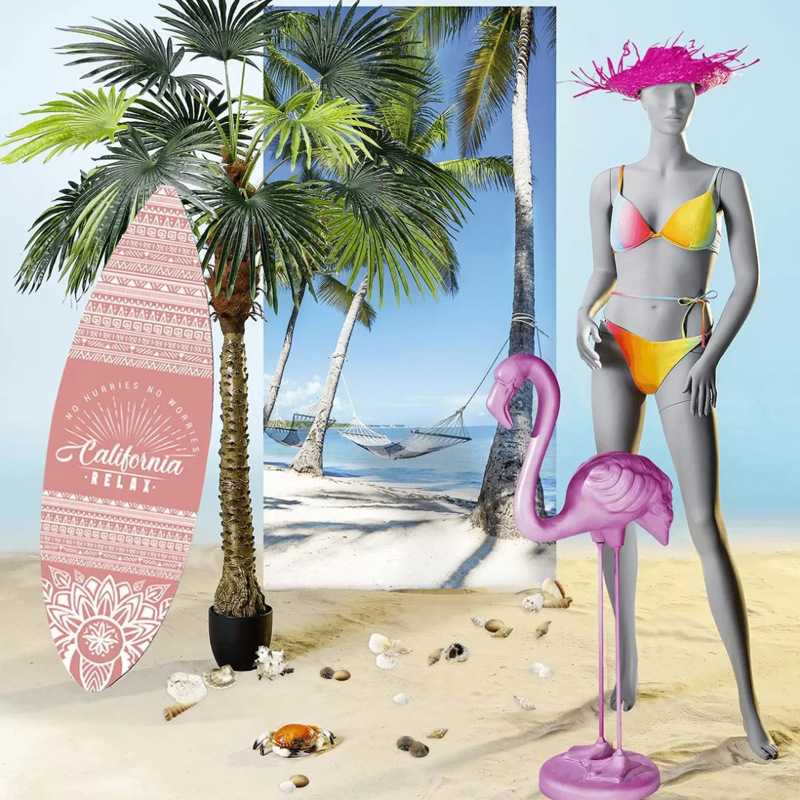 Decoración De Verano | Pancartas De Verano>DecoWoerner Pancarta De Tela Ignífuga "Hamaca Bajo Las Palmeras En Una Playa De Ensueño" De Tela De Bandera 100 X 200 Cm azul