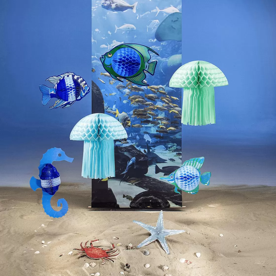 Decoración De Verano | Pancartas De Verano>DecoWoerner Pancarta De Tela Ignífuga "Paisaje Submarino En El Acuario" De Tela De Bandera 75 X 180 Cm azul
