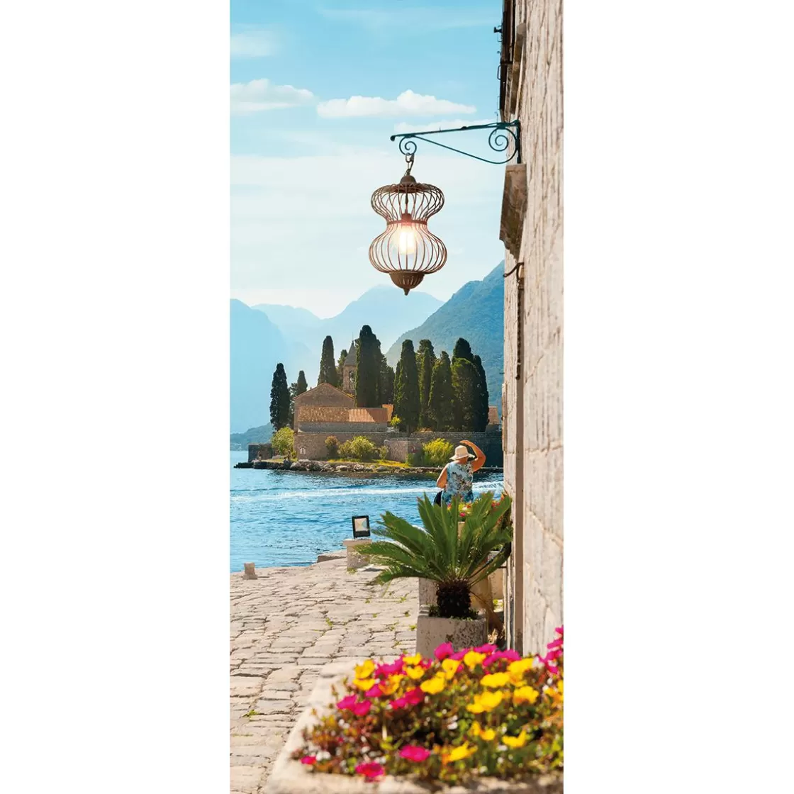 Decoración De Verano | Pancartas De Verano>DecoWoerner Pancarta De Tela Ignífuga "Vista Del Monasterio" En Tela De Bandera 75 X 180 Cm azul
