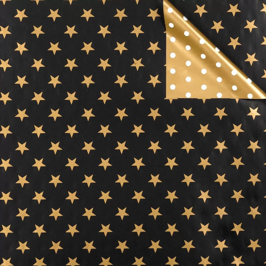 Papel De Regalo>DecoWoerner Papel De Regalo Navideño De Doble Cara Con Estrellas Y Puntos Negros Y Dorados - Rollo De Papel De Regalo De 50 M oro
