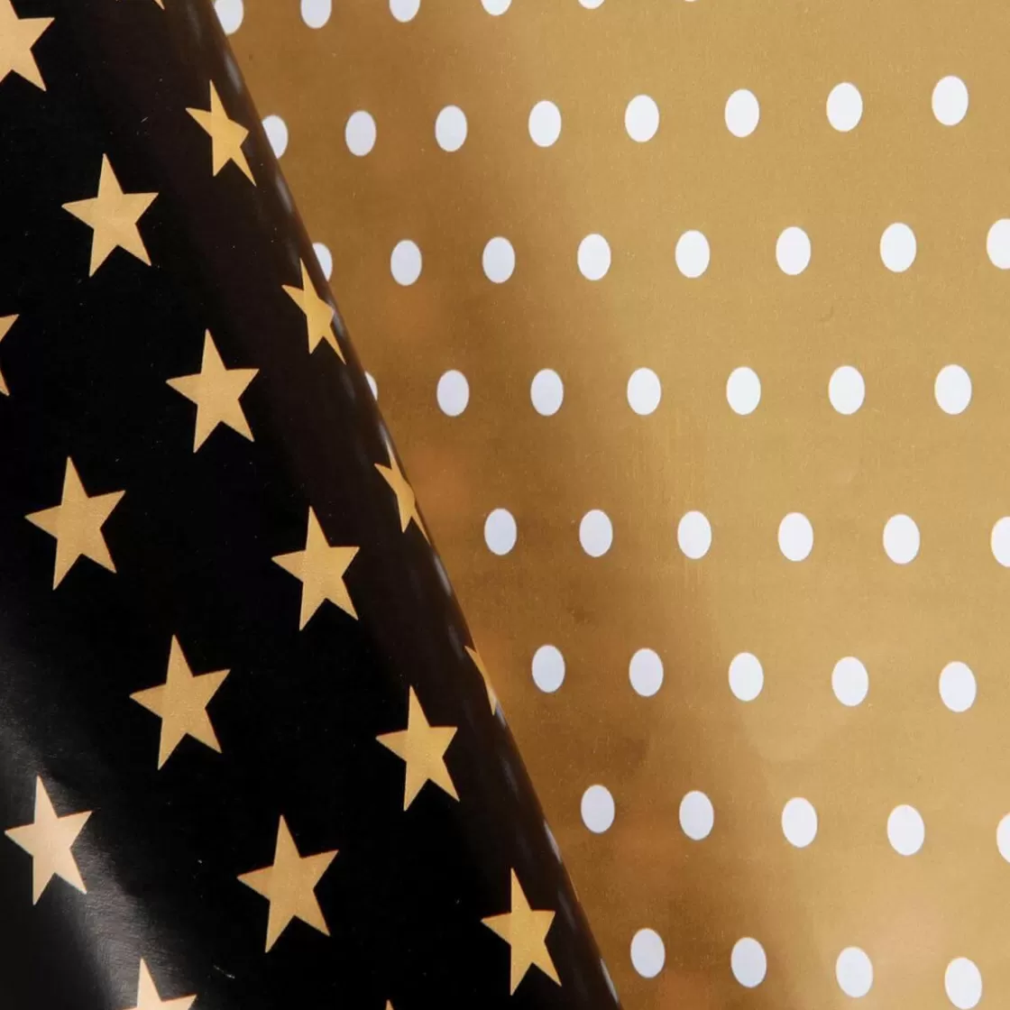 Papel De Regalo>DecoWoerner Papel De Regalo Navideño De Doble Cara Con Estrellas Y Puntos Negros Y Dorados - Rollo De Papel De Regalo De 50 M oro