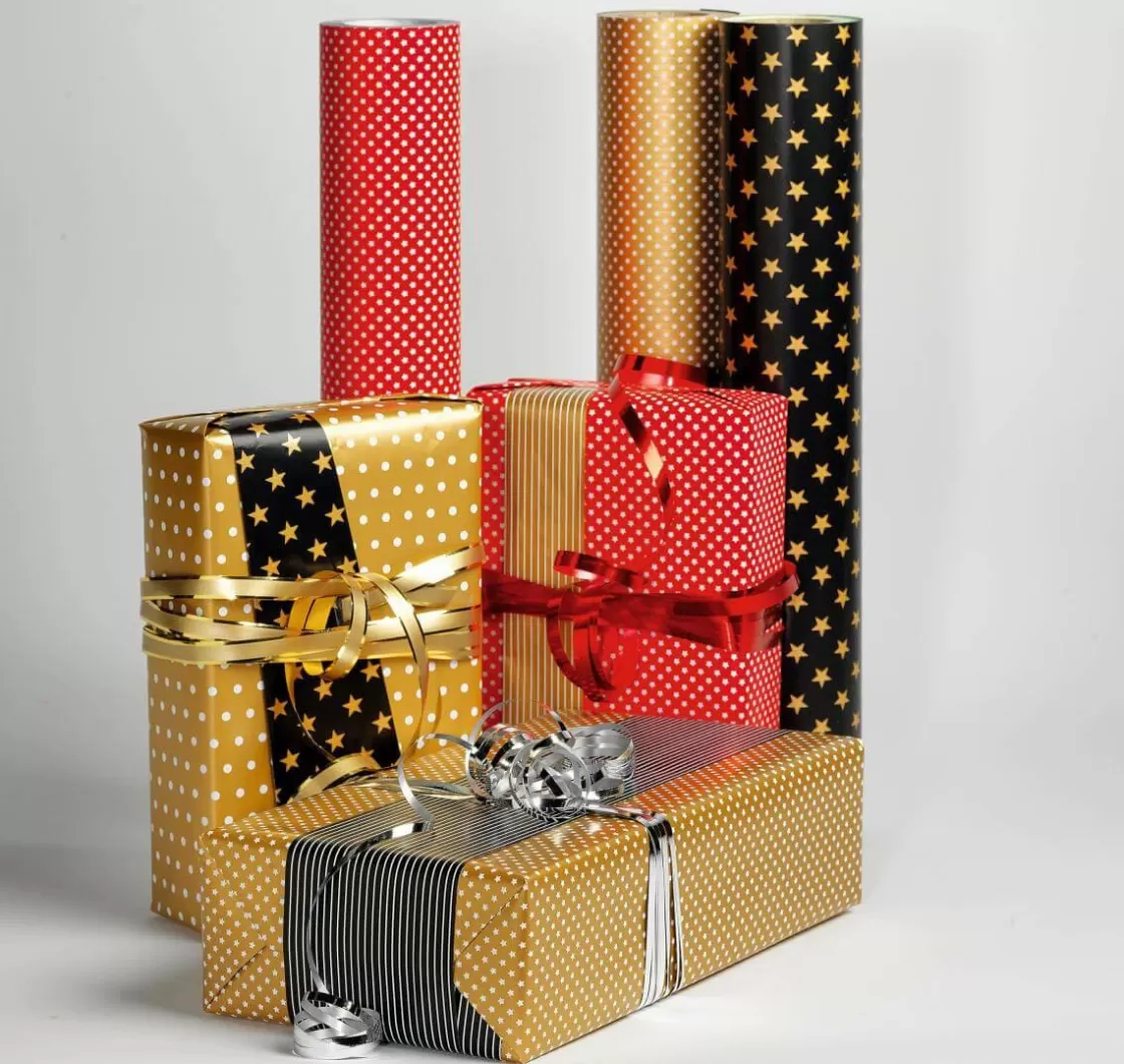 Papel De Regalo>DecoWoerner Papel De Regalo Navideño De Doble Cara Con Estrellas Y Puntos Negros Y Dorados - Rollo De Papel De Regalo De 50 M oro