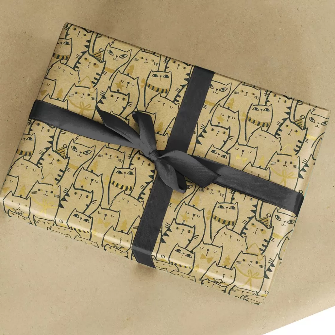 Papel De Regalo | Go Green - Envoltorio Para Regalo Ecológico>DecoWoerner Papel Kraft Reciclado Con Gatos Y Detalles Dorados - Rollo De Papel De Regalo De 50 M marrón