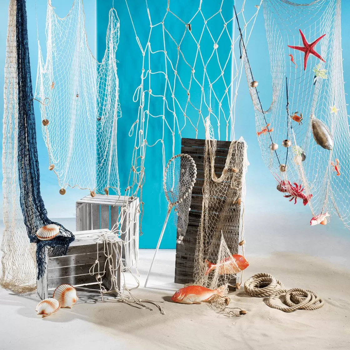 Decoración De Verano | Pescados Y Mariscos>DecoWoerner Red De Pesca Marítima Con Animales Marinos negro