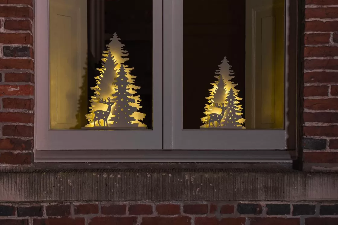 Figuras De Navidad>DecoWoerner Soporte De Madera LED Ciervo Con Abetos blanco